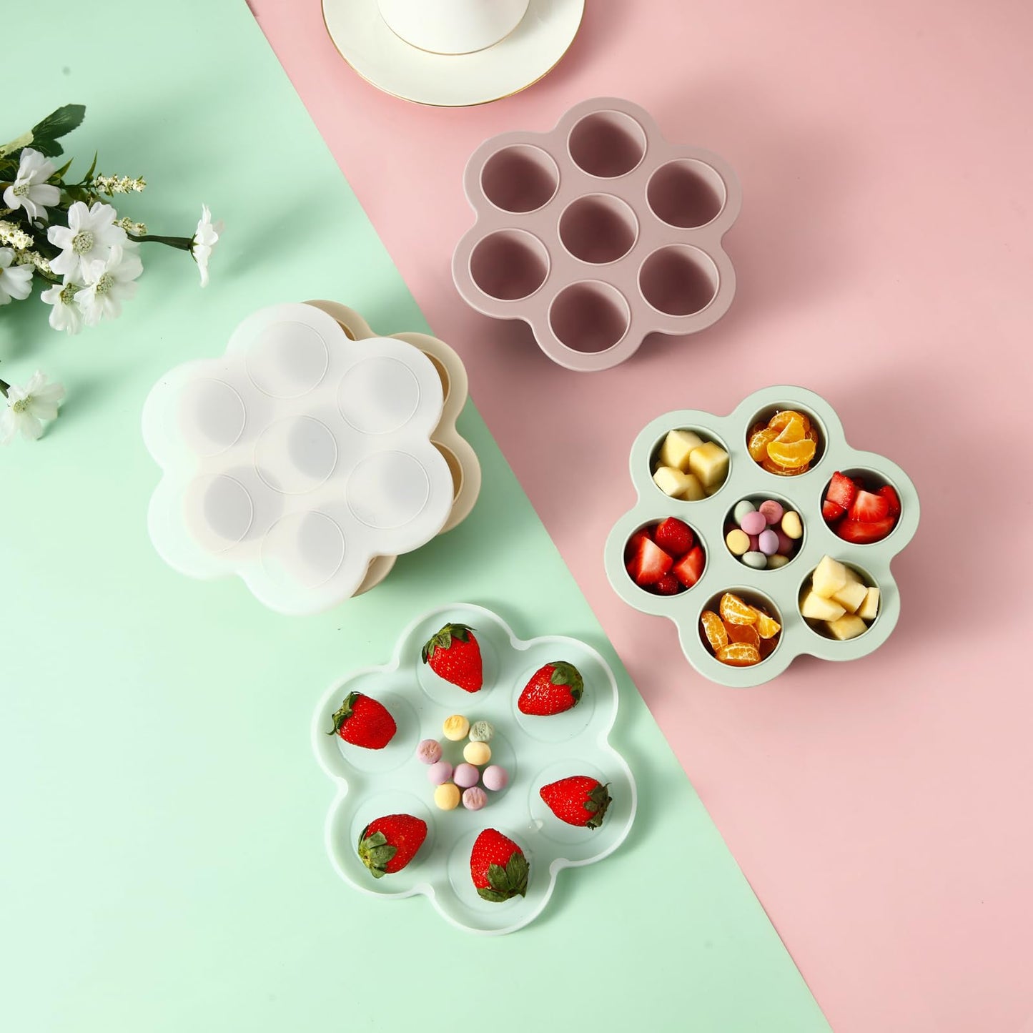 Pandaear 3 Pack Baby Food Freezer Tray With Lids, Silicone Baby Fruit Food Feeder Teether Tray, Baby Food Storage Container Ice