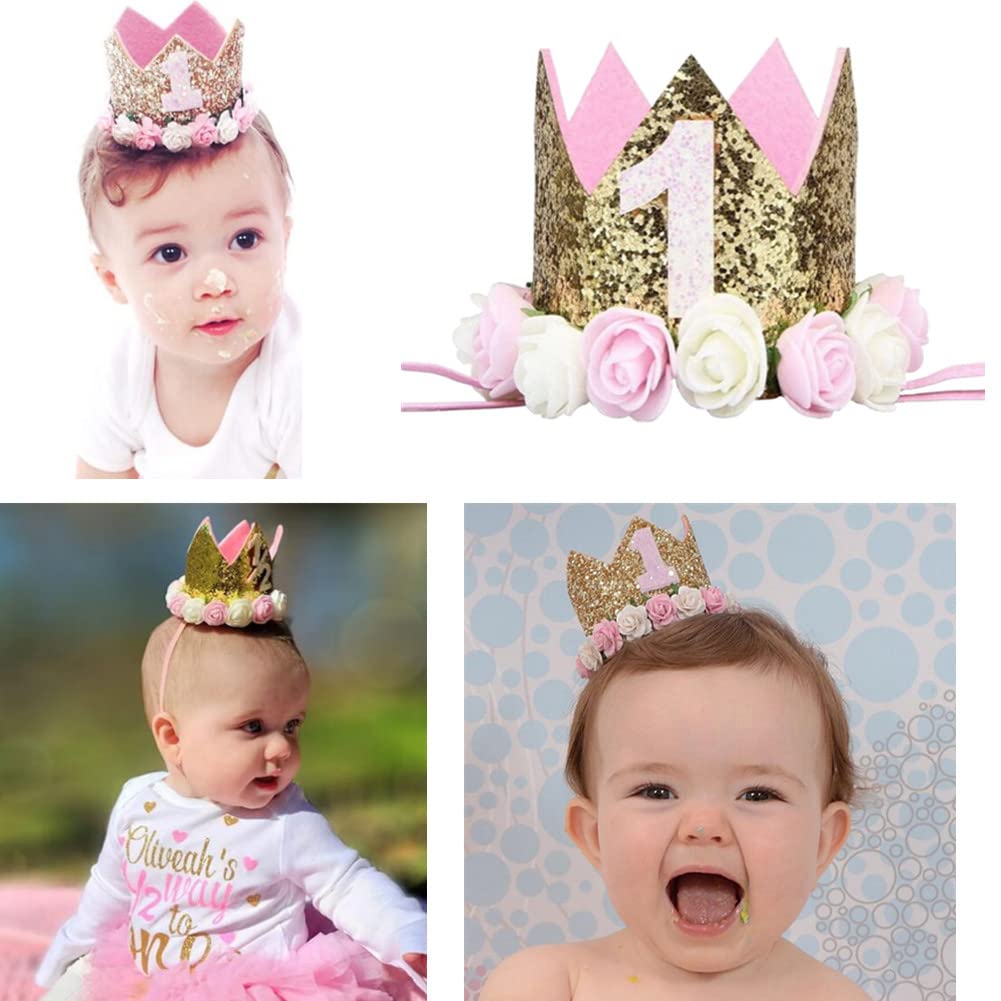 Sparkle 1St Baby Crown Headband Hat, Glitter First Birthday Flowers Crown For Princess Girl Baby Show Toddler Photography (Pink
