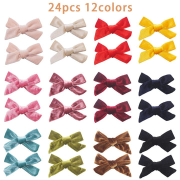 Yxiang 24Pcs/12Pairs Baby Girls Hair Clips 4Inches Velvet Hair Bows Solid Color Fully Lined Non Slip Barrettes Hair Accessories