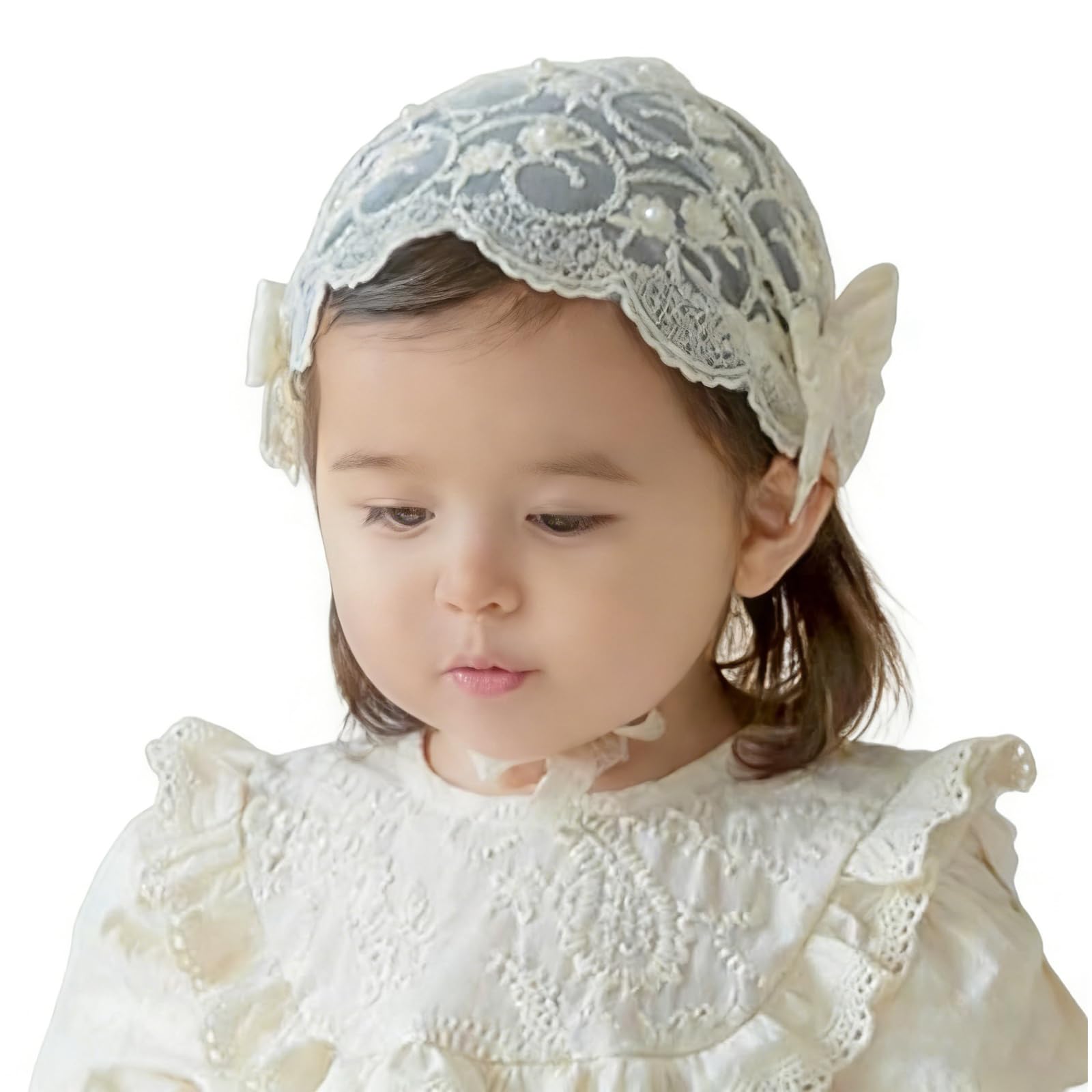 Tarini 1Pcs Baby Girl Lace Bow Headband Beanie  Soft Breathable Wide Turban Hairband, Adjustable Infant Toddler Baptism Christe