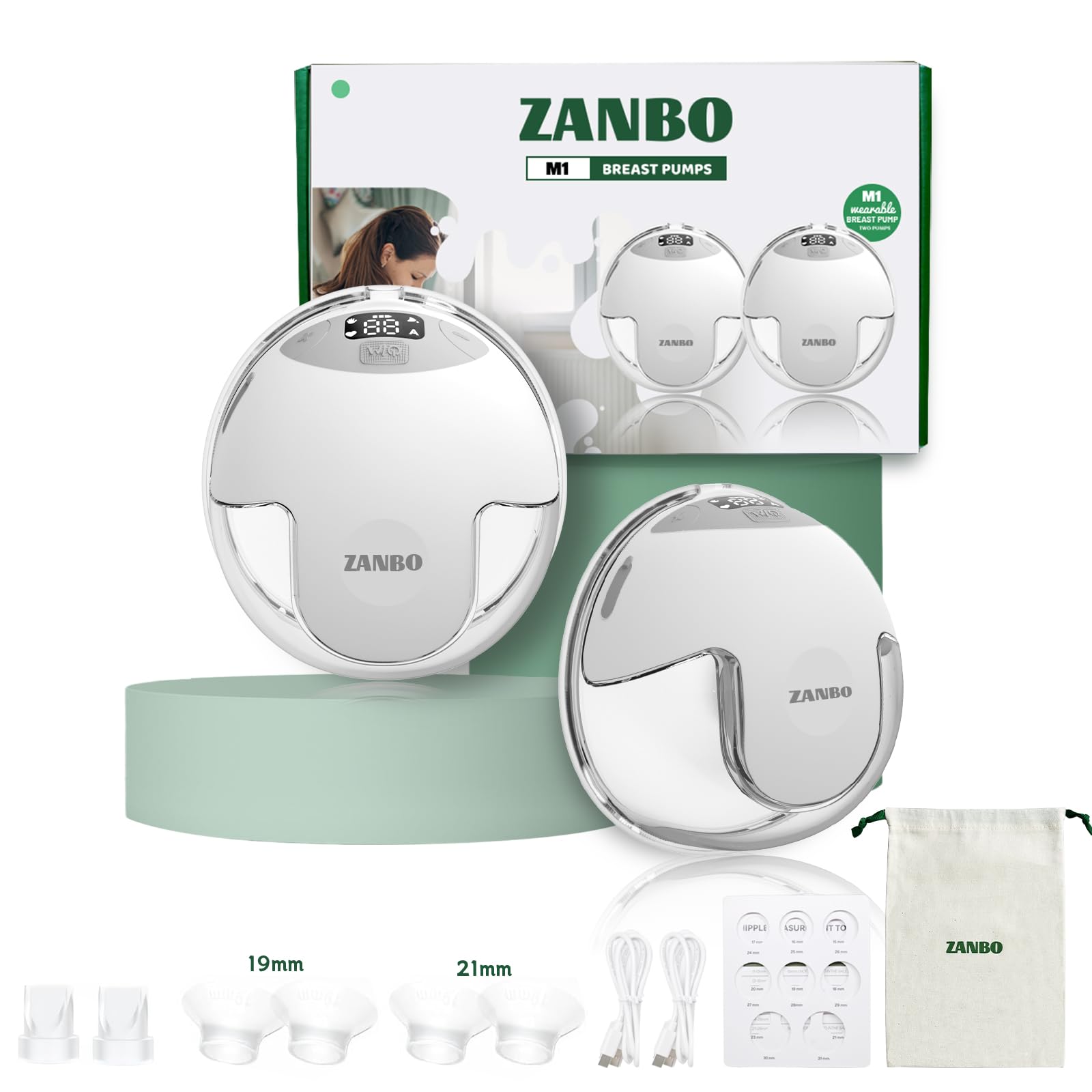 ZANBO Wearable Breast Hands Free M1, Upgraded Wearable Breast Pump of Baby Mouth Double-Sealed Flange with 4 Modes&12 Levels, El