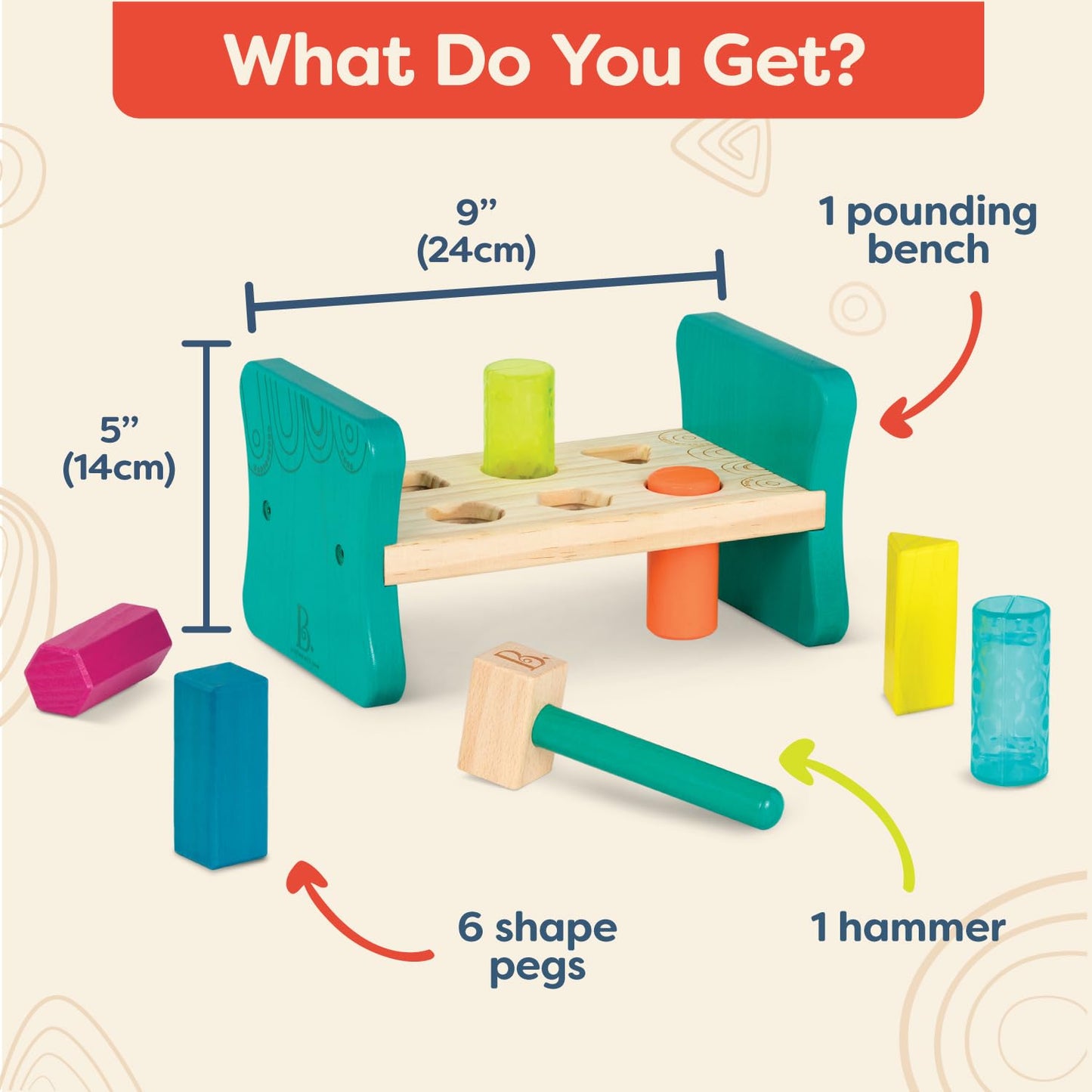 B. toys - Wooden Shape Sorter - Pounding Bench For Shape Sorting - 6 Pegs & Toy Hammer - Classic Toys For Toddlers, Kids - 2 Yea