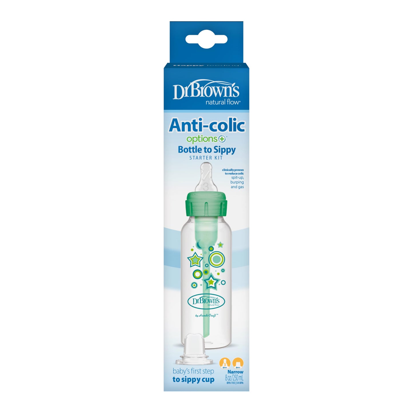Dr. Brown'S Natural Flow Anti-Colic Options+ Narrow Sippy Bottle Starter Kit, 8Oz/250Ml, With Level 3 Medium-Fast Flow Nipple An