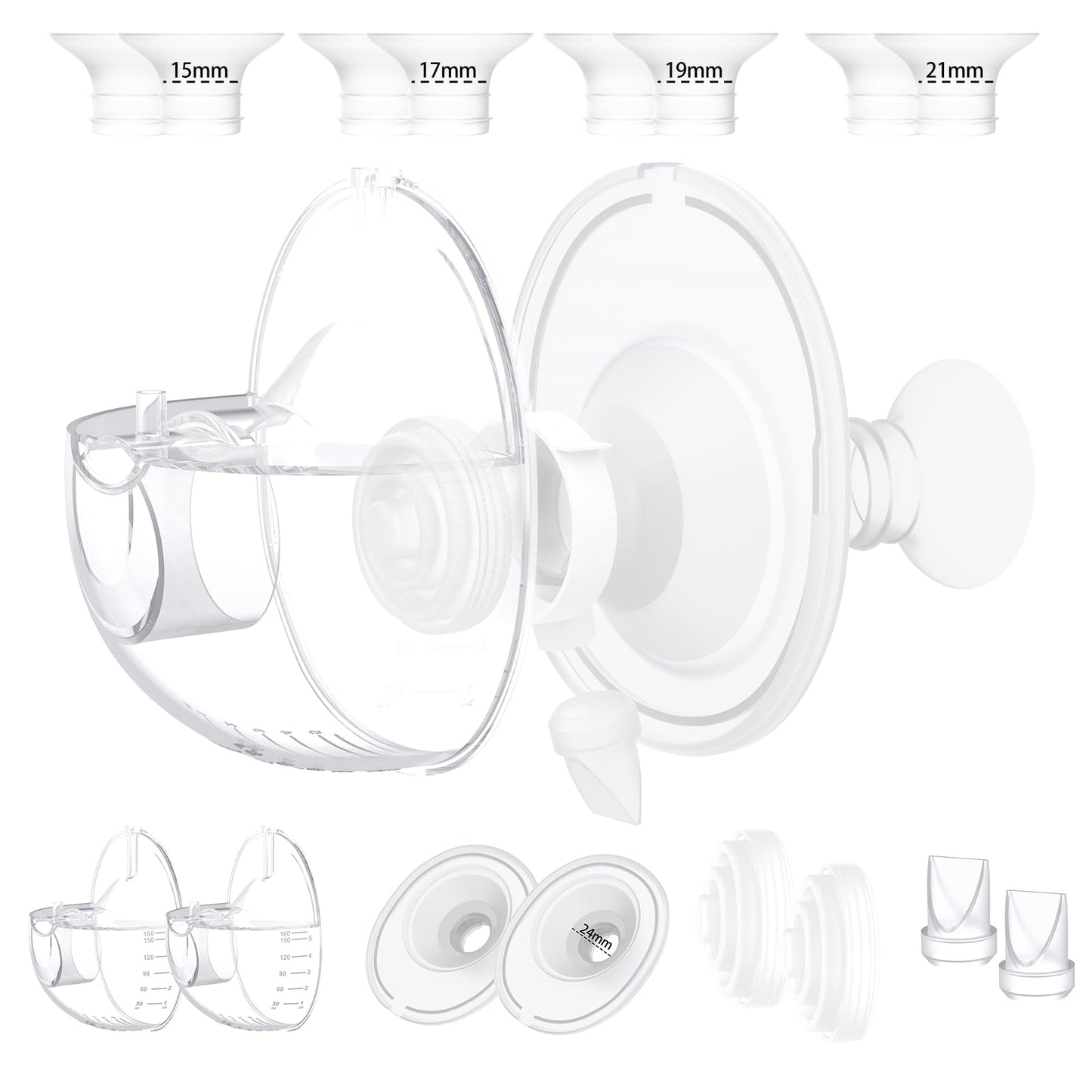 Two Complete Sets Compatible with Momcozy M5 Breast Pump Replacement Parts, 24mm Collection Cup and 15/17/19/21mm 8pcs Flange Si