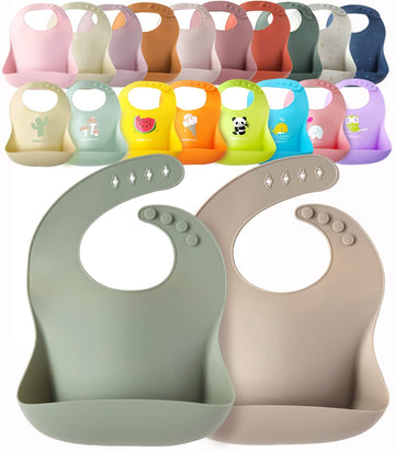 Ymcf Products 2-Pack Waterproof Silicone Baby Bib Lightweight Comfortable Easy-Wipe Clean (Sea Shell/Seafoam Green, Large)