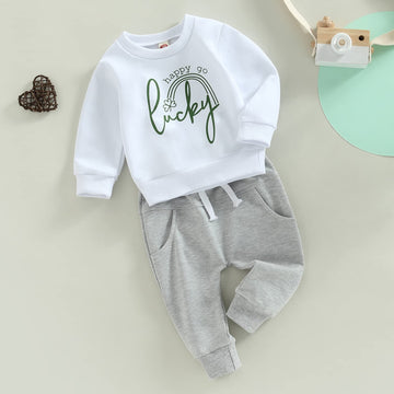Infant Toddler Baby Boy St Patrick  'S Day Outfits Long Sleeve Shirts Clover Sweatshirt With Pants 2Pcs Clothes Set (Clover Whit