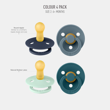 Bibs Pacifiers - Colour 4 Pack | Round Nipple Baby Pacifier | Bpa Free Natural Rubber Latex Soother | Made In Denmark | Size 6-1