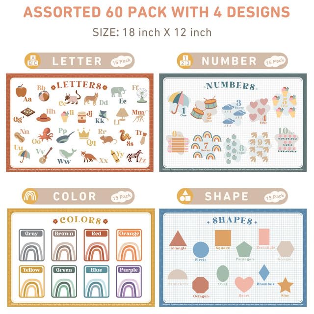 Babebay Disposable Placemats For Baby, 60 Pack Sticky Toddler Placemat For Restaurants, Dining Table, Party, Travel, 12' X 18'
