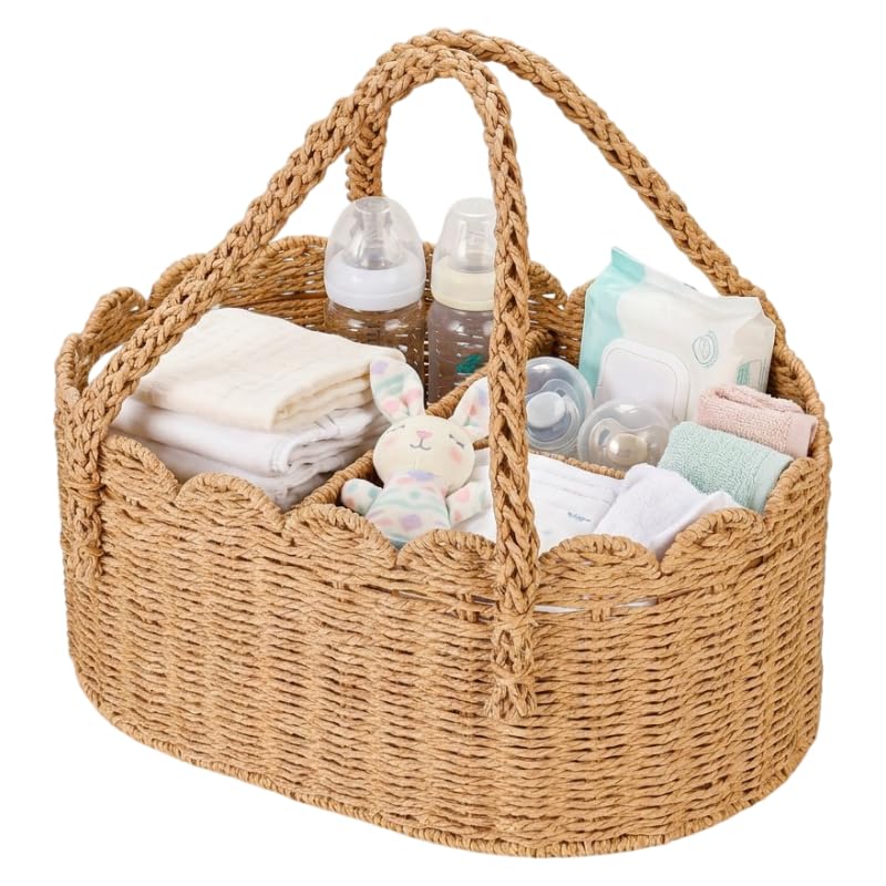 Woven Diaper Caddy for Baby, Paper Rope Storage Bin with Removable Divider, Baby Stuff Organizer for Nursery, Portable Car Stora