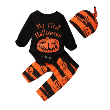 Unutiylo Newborn Baby Boy Pumpkin Clothes My 1St Halloween Outfits Bodysuit Romper+Stirped Pants+Hat 3Pcs Organic Clothing Sets