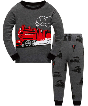 Popshion Toddler Train Pajamas Boys 2 Piece Pjs Set Cotton Top Fleece Pants Sleepwear (Fire Train-38 3T)