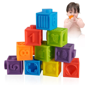 Ganowo 12PCS Mini Soft Stacking Blocks Toys, Educational Squeeze Teeth Baby Toys with Numbers Animals for 6 Months Up Baby Build