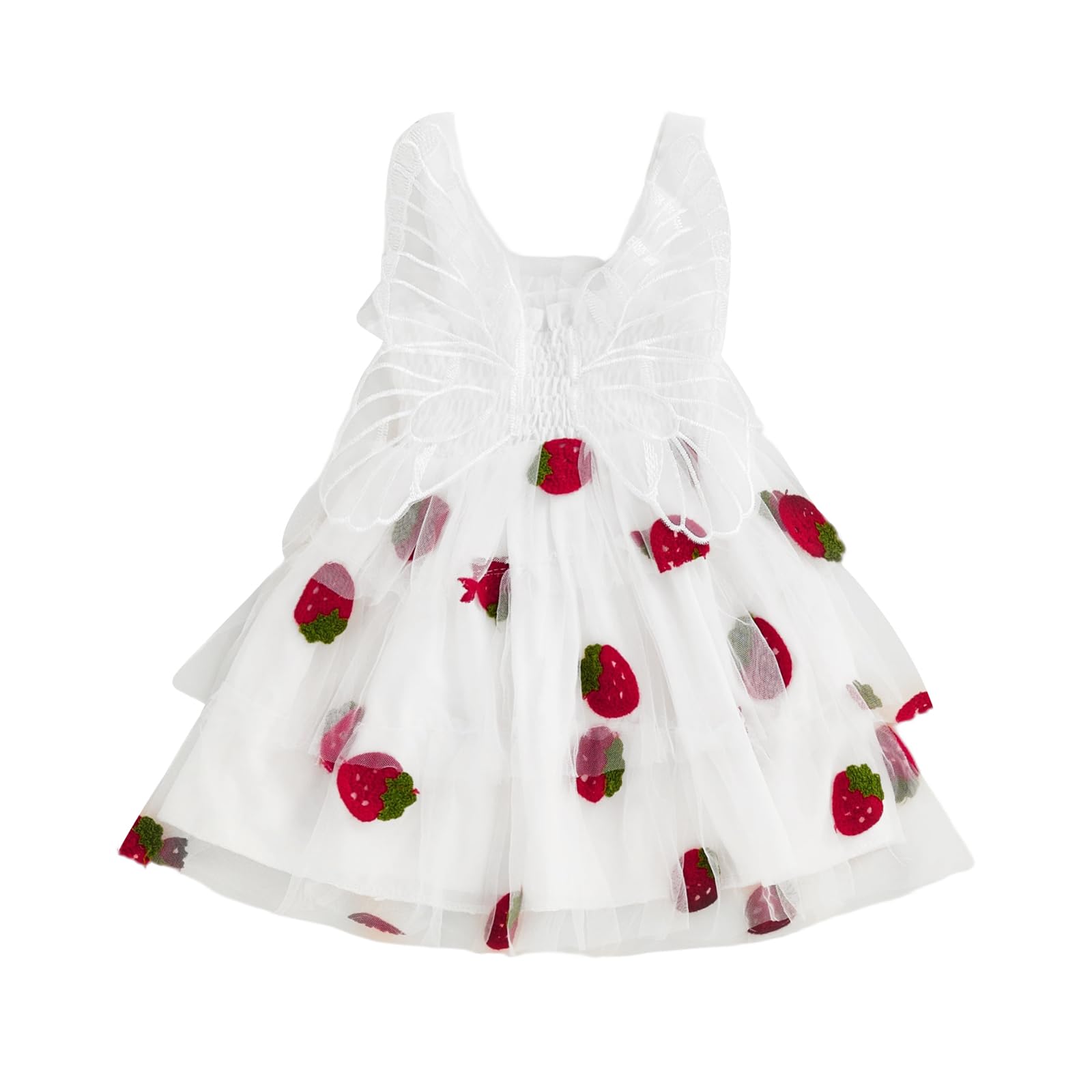 Toddler Baby Girl Valentine Dress Sleeveless Smocked Ruffle Tulle Sundress Spring Outfit Heart Butterfly Dresses (White Strawber