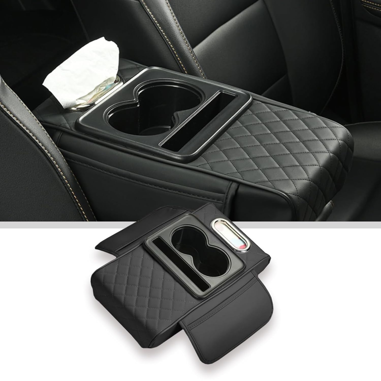 Car Armrest Cushion Console Organizer With Cup Holder, Tissue Box Slot, Phone Storage Pocket, Pu Leather Center Console Pad With