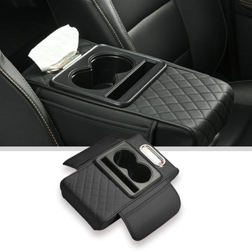 Car Armrest Cover with Cup Holder and Tissue Box Slot, Center Console Cover with Storage Pocket and Quilted Design