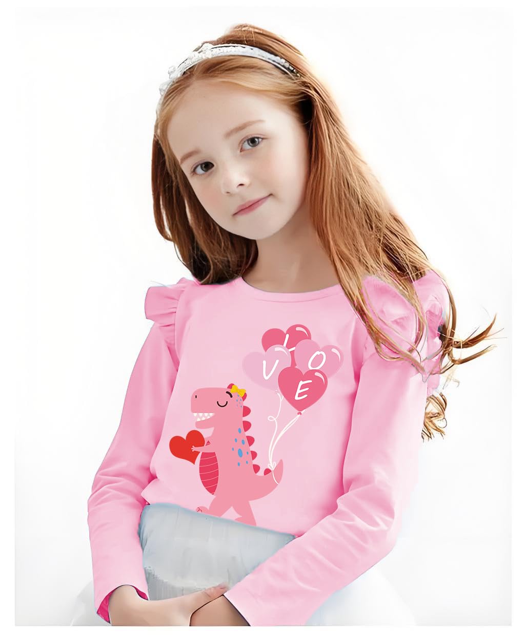 Cm-Kid Girls Valentines Day Shirt Toddler Girl Dinosaur Heart Graphic Tees Kids Ruffle Long Sleeve Tops Pink T-Shirt 5-6 Years