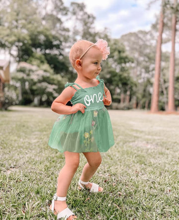 Titkkop Baby Girl 1St Birthday Clothes One Year Old Tulle Romper Sleeveless Bodysuit Cake Smash Outfits(Green,12-18M)
