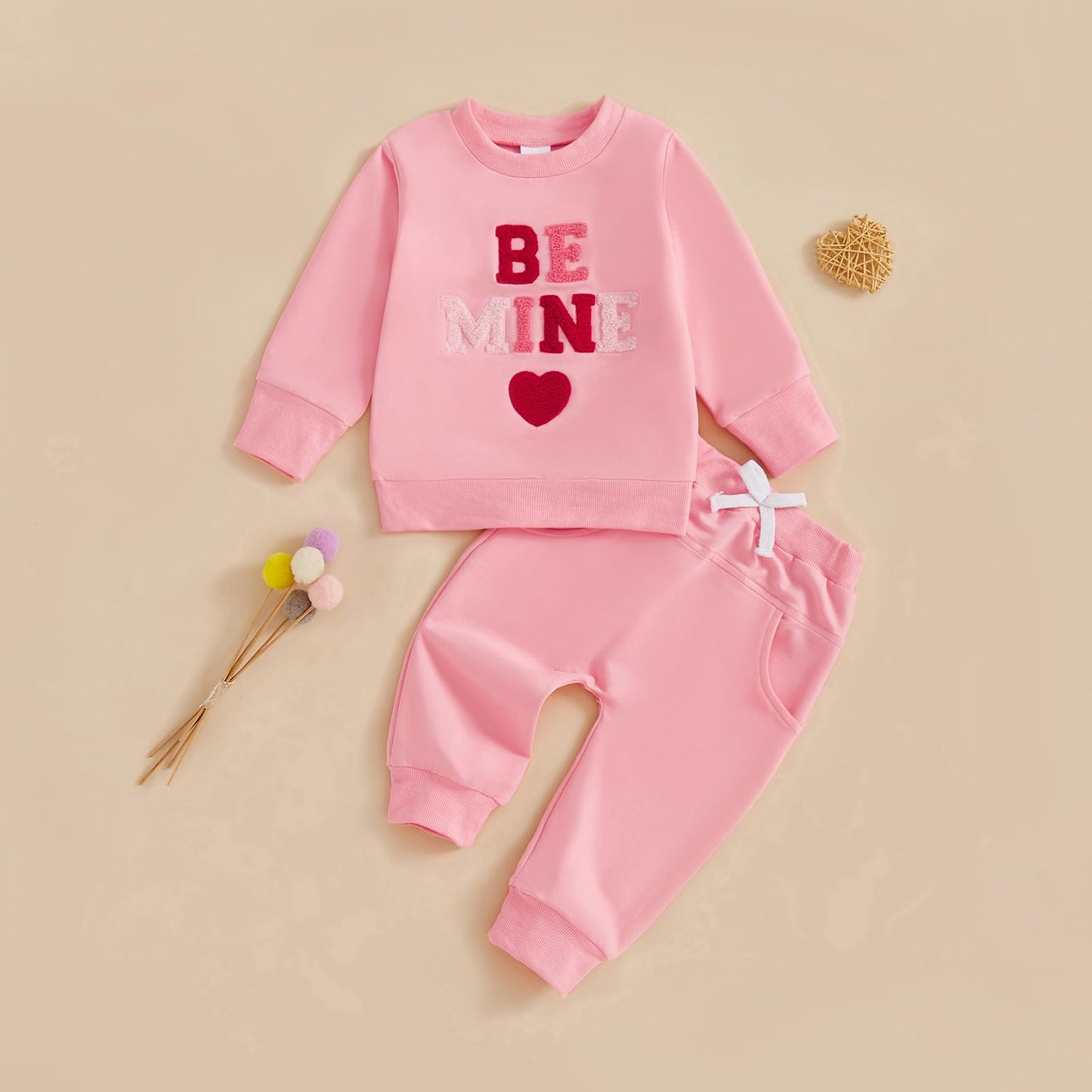 Nokpsedcb Baby Boy Girl Cute Letter Embroidery Long Sleeve Sweatshirt And Elastic Long Pants Toddler Valentine Outfits (Pink Be