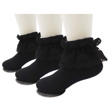 Xiyadun Toddler & Girls Eyelet Frilly Dress Socks Ruffle Lace Cotton Socks(Black-3 Pairs, 5-7 Years)