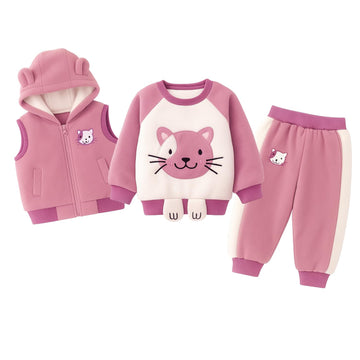 Bold N Elegant 3D Fur Reindeer Cartoon Thick Winter Warm Tshirt Pant with Hood Jacket 3 Pc Clothing Set for Infant Toddler Kids