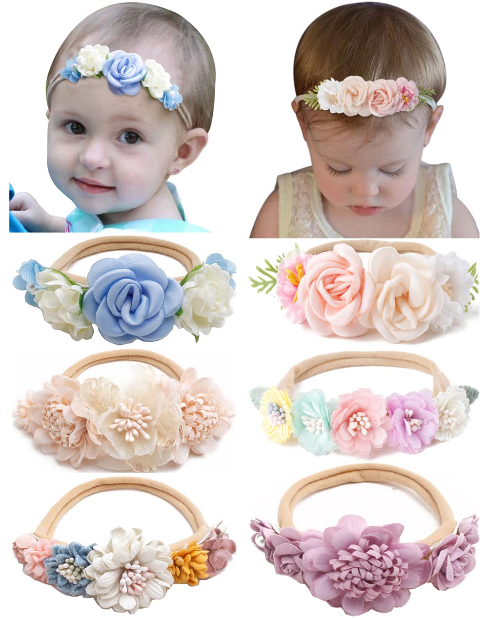 Toptim Baby Floral With Nylon Headbands For Newborn Girls Shower Photo (B- 6Pack)