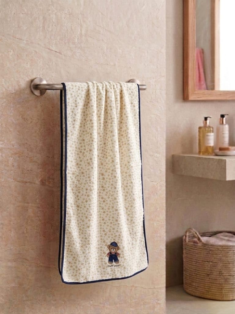 Babyholic Cartoon Baby Bath Towel,Cotton Terry, 100x50 cm, for Newborns (White, Medium)