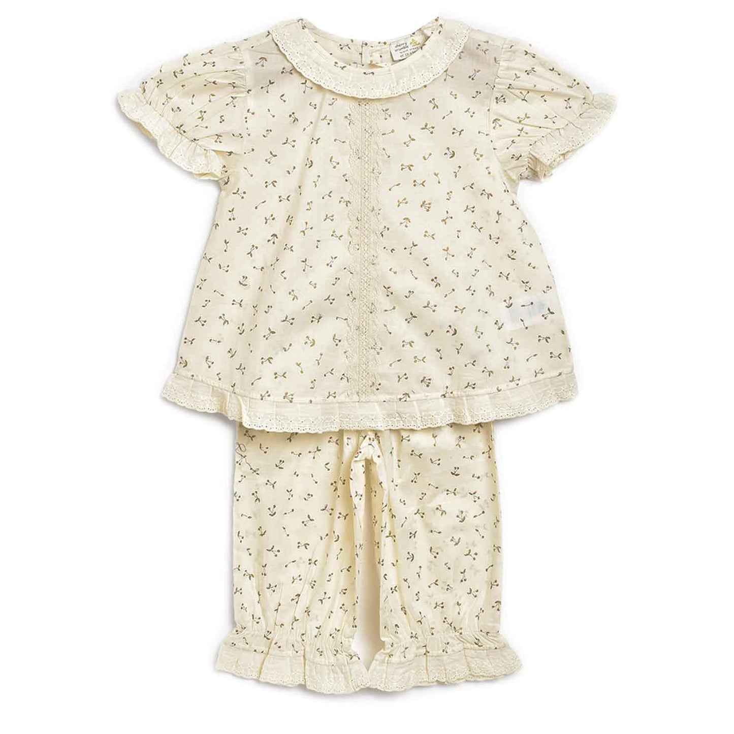 Cherry Crumble Cream Floral Printed Cotton Blend Short Sleeves Round Neck Night Wear Regular Fit Lace Summer Nightsuit for Girls