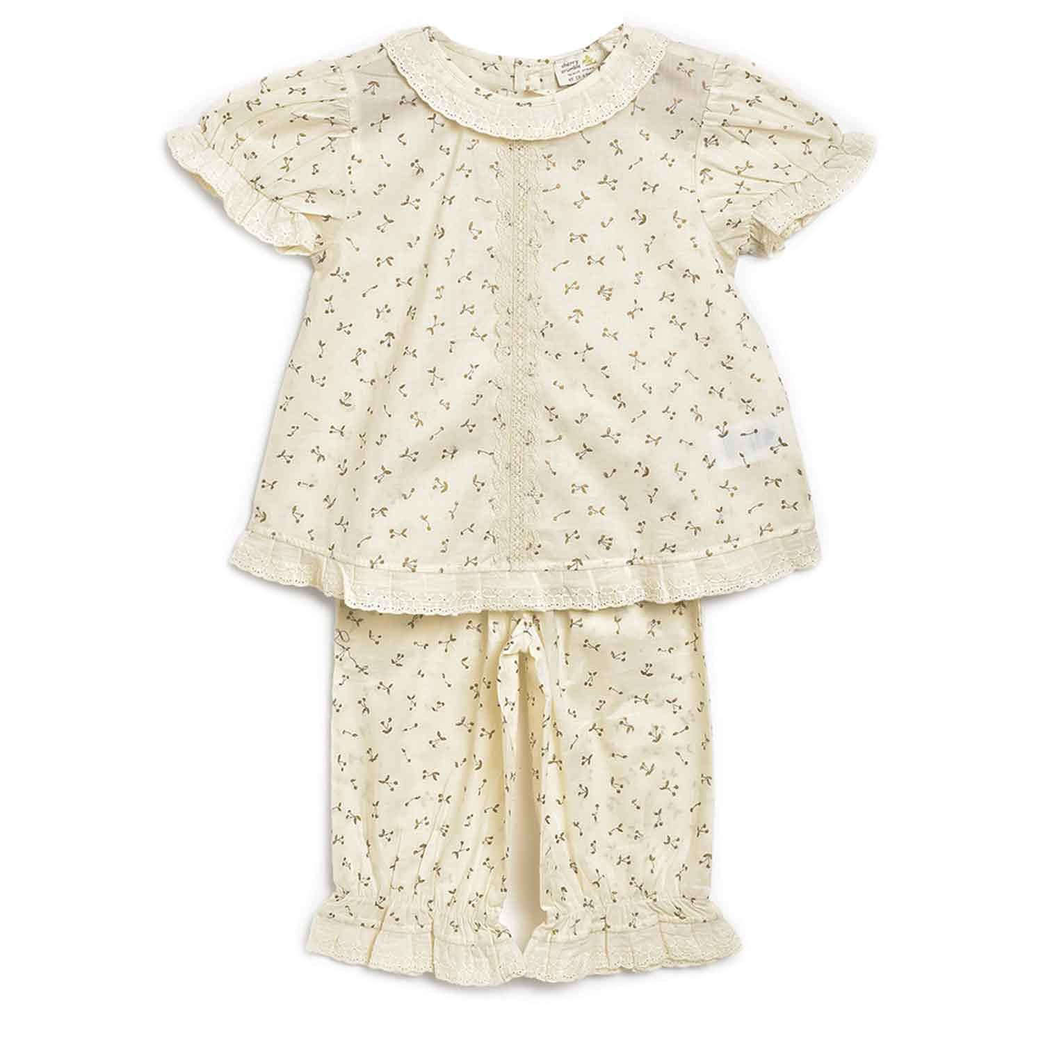 Cherry Crumble Cream Floral Printed Cotton Blend Short Sleeves Round Neck Night Wear Regular Fit Lace Summer Nightsuit for Girls