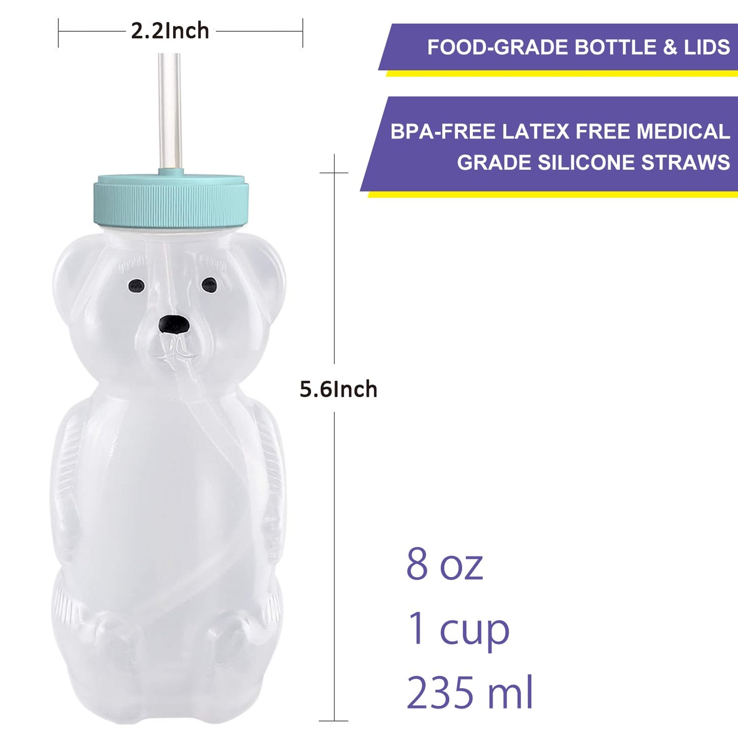 Honey Bear Straw Cups, Juice Bear Bottle Drinking Cup Long Straws With 4 Flexible Straws & Cleaning Tools, 8-Ounce Therapy Sippy