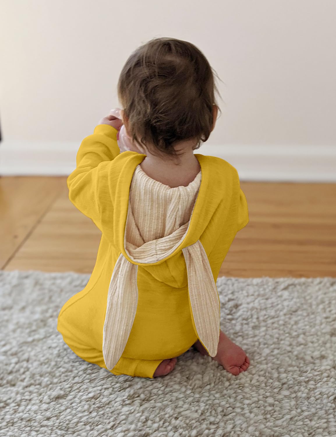 Agqt Baby Boys Bunny Costume Easter Halloween Clothes One Piece Romper Rabbit Ear Outfit Bodysuits Hoodie Yellow Size 3-6 Months