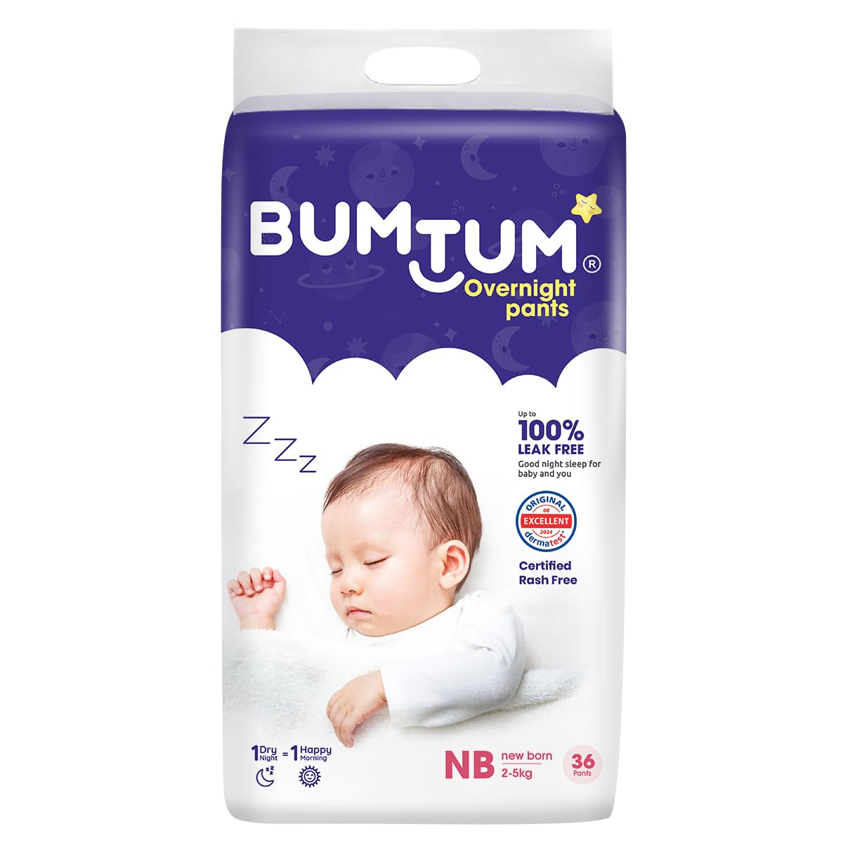 Bumtum Baby Overnight Diaper Pants  Size Nb (25 Kg), 36 Count | All Night Absorption With Pillow Soft Comfort | No Leak | 100%