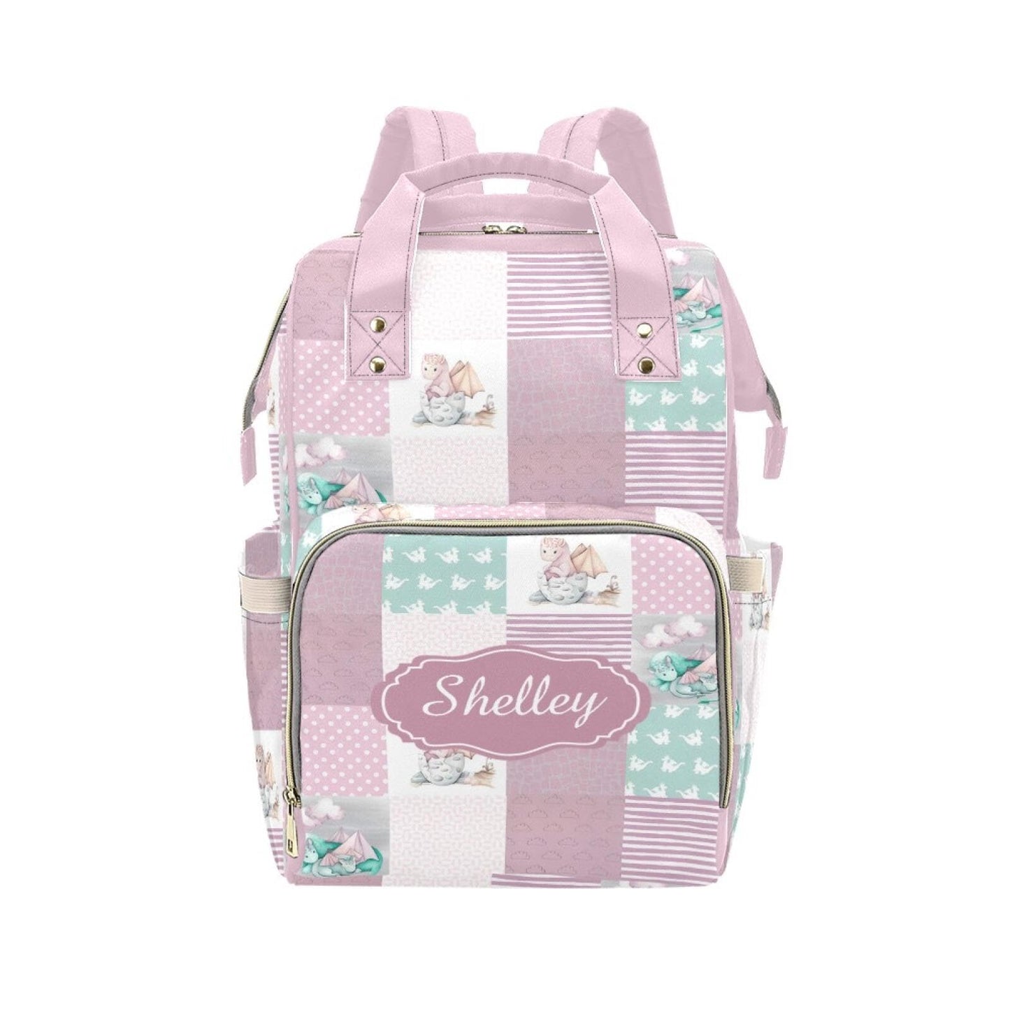 Custom Dragon Pink Baby Diaper Bag with Name - Personalized Nursing Travel Tote Backpack for Mom or Dad, Custom Name Baby Daypac