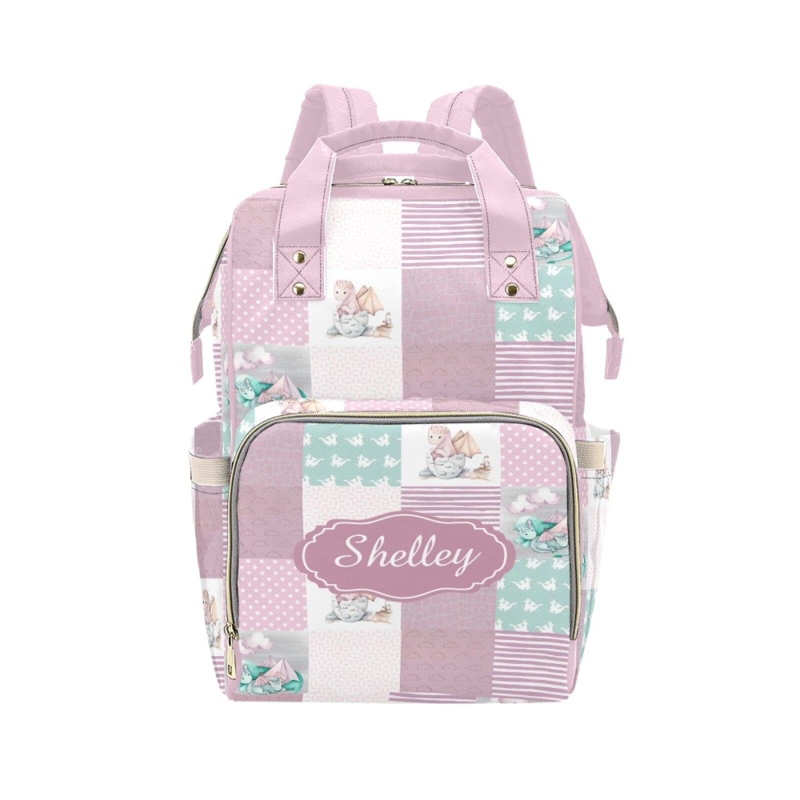 Custom Dragon Pink Baby Diaper Bag with Name - Personalized Nursing Travel Tote Backpack for Mom or Dad, Custom Name Baby Daypac