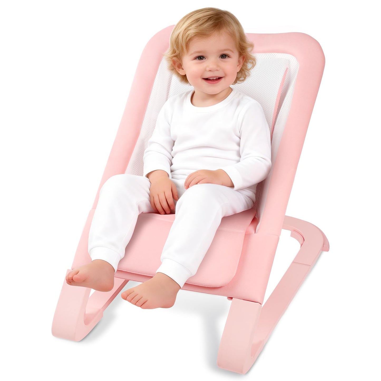 Baby Bouncer for Newborns 0-12 Months: 0-5 Years Portable Infant Girl Bouncer Seat Chair in Pink with Adjustable Recline & 3-Poi