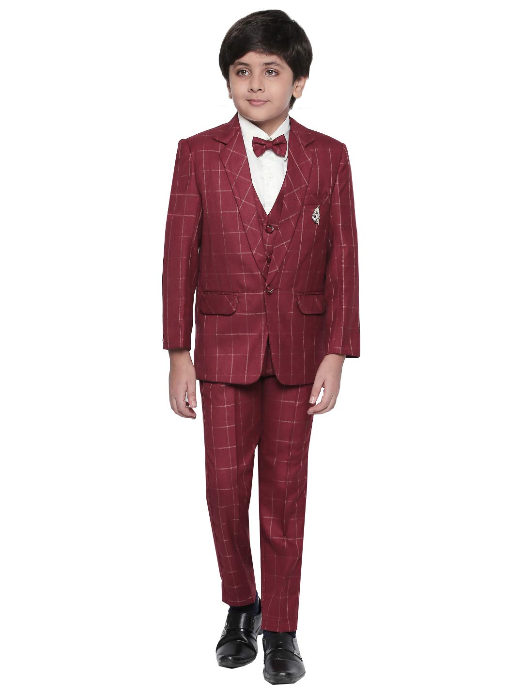 Jeetethnics Boys Maroon Checked Coat Suit Set With Waistcoat Shirt And Trousers (9048Chh)