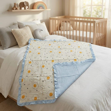 Baby Muslin Blanket with Ruffle Border, Dinosaur Print, Blue, Soft Cotton, Newborn Swaddle (OffWhiteLightBlue)