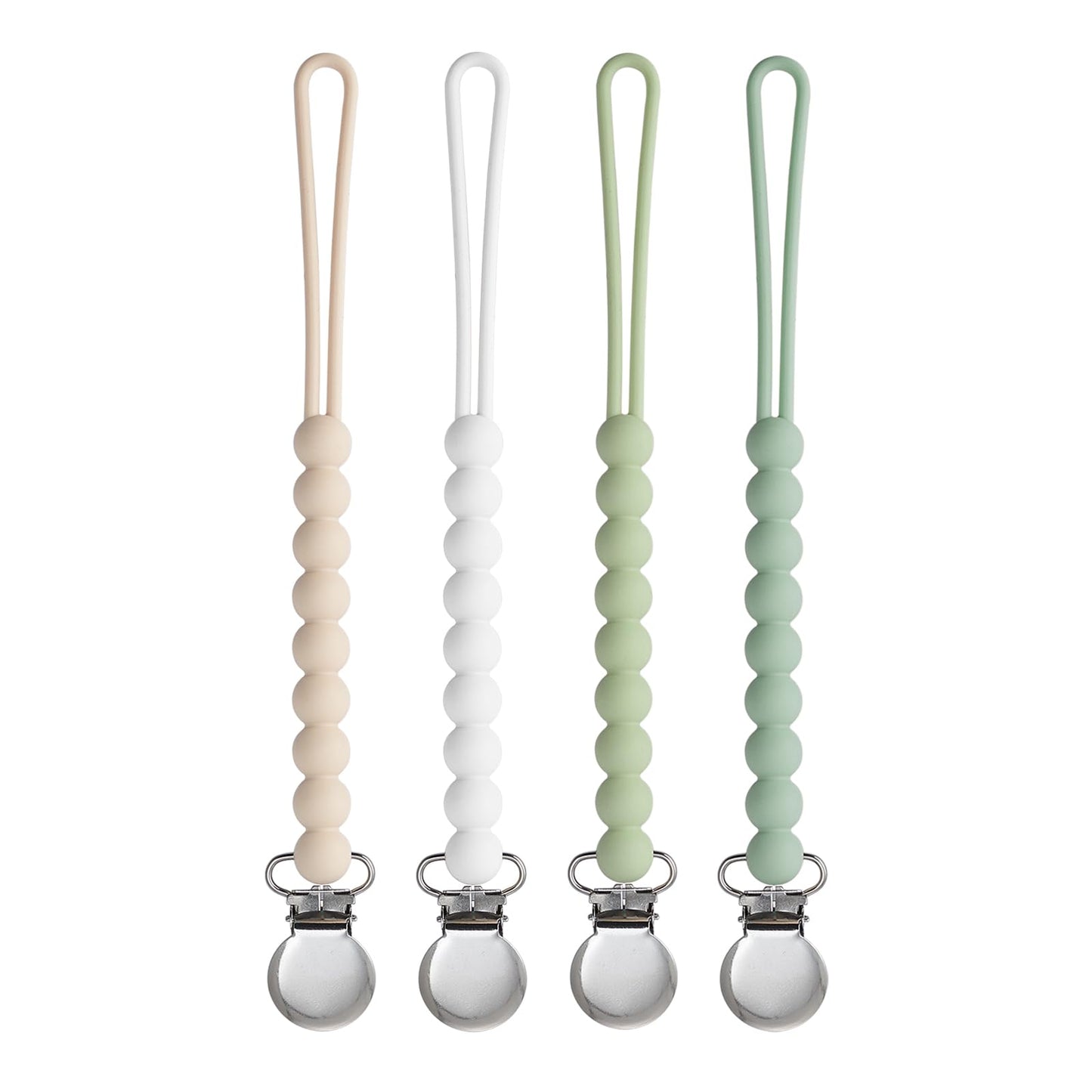 Pacifier Clip for Boys Girls - MORIBOX 4 Pack Paci Clip Soothie Baby Binky Holder for Shower Gift Birthday (Beige+White+Lgreen+S