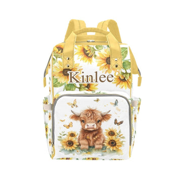 Custom Highland Cow Baby Diaper Bag with Name - Personalized Nursing Travel Tote Backpack for Mom or Dad, Custom Name Baby Daypa