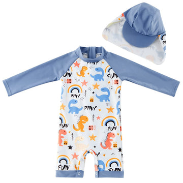 Infant Boy Upf 50+ Sun Protection One Piece Rashguard Swimsuit With Hat , Grey Dinosaur,3-6 Months