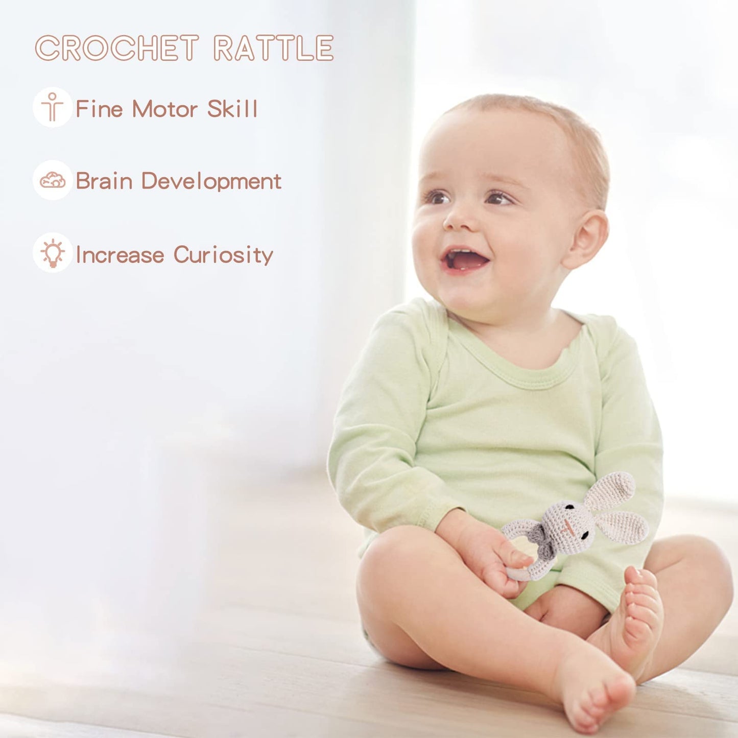 Youuys Wooden Baby Rattle Toys, Easter Bunny Rattle for Baby Crochet Bunny Rattle Toy Natural Wood, Shaker Rattle for Hand Grips