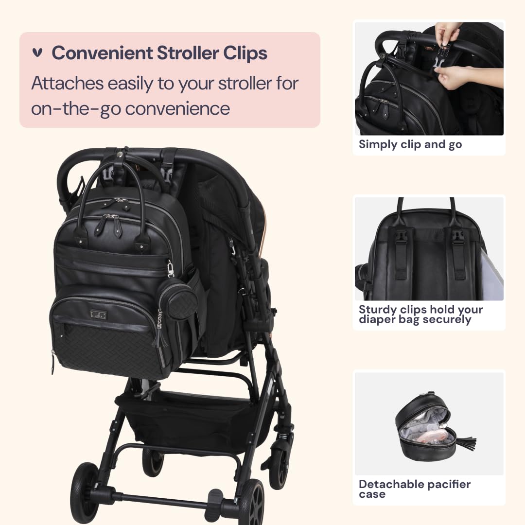 Babbleroo Leather Diaper Bag Backpack - Baby Essentials Travel Baby Bag, Multi Function, With Changing Pad, Stroller Straps & Pa