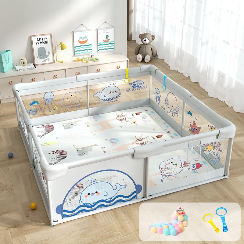 Dawnwake 150X180 Cm Playard With Ocean Balls And AntiFall Grasp Rings, Large Playpen For Baby Up To 5 Years With Safety Lock (N