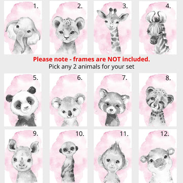 Safari Animals Set Of 6 Unframed Poster Prints For Baby Girls Nursery Bedroom Playroom, Personalized Name, Choice Of 12 Animals,