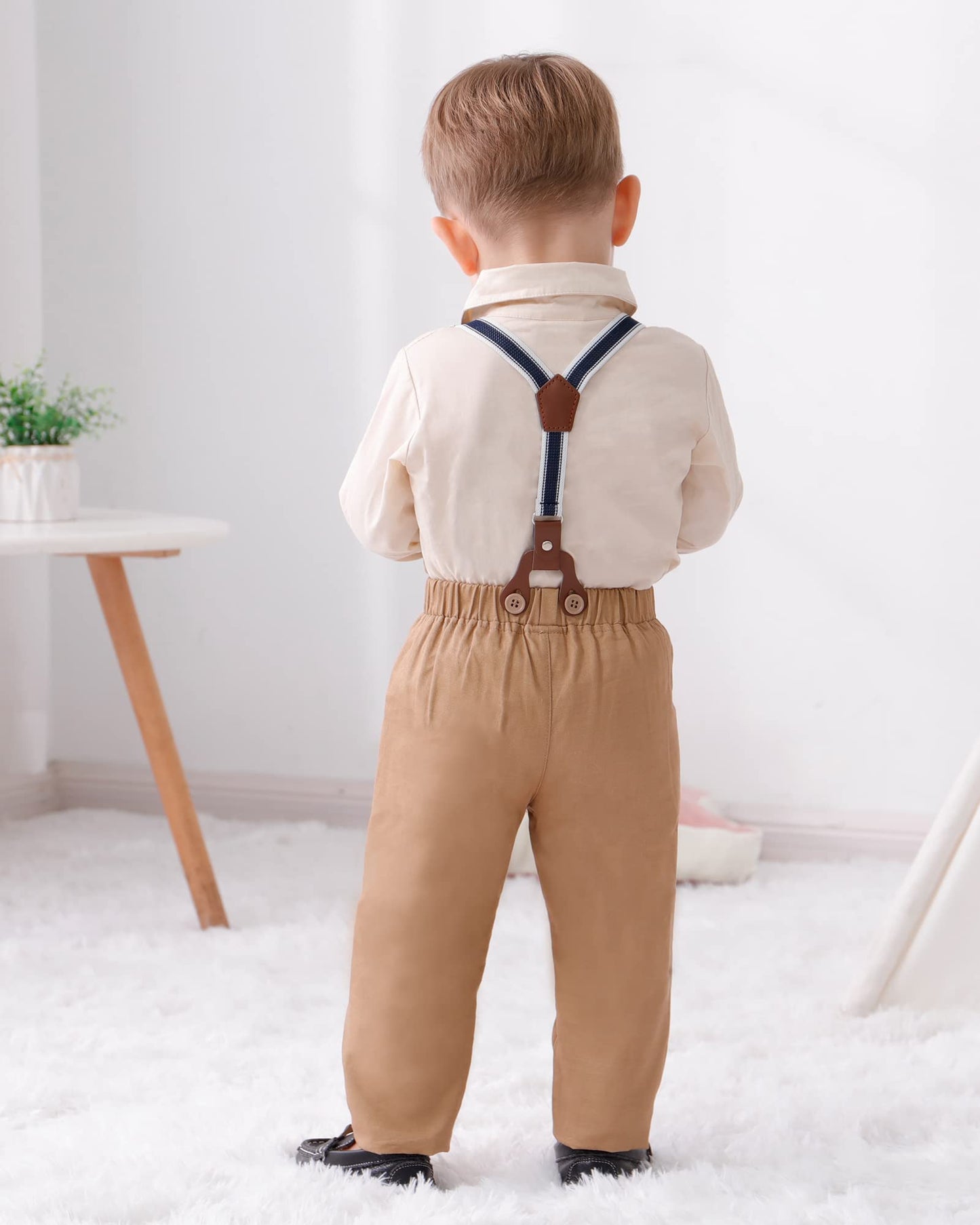 Disaur Toddler Boy Wedding Outfits Apricot Brown Long Sleeve Dress Shirt Bow Tie Suspender Pants Baptism Outfits For Boys 12 Mon