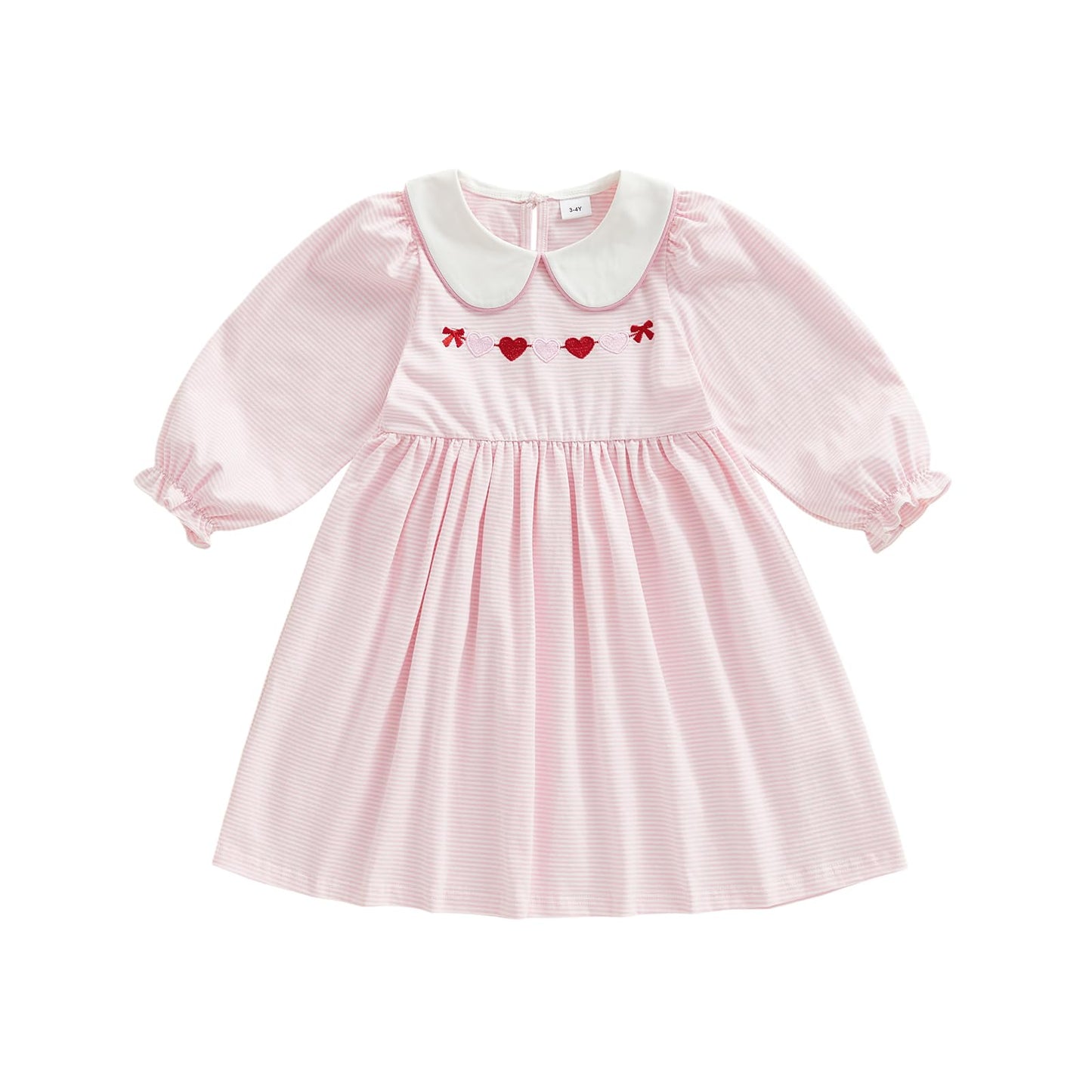 Sasaerucure Kids Toddler Baby Girl Valentines Day Dress Heart Embroidery Striped Puff Long Sleeve Dresses Playwear (Pink, 5-6 Ye