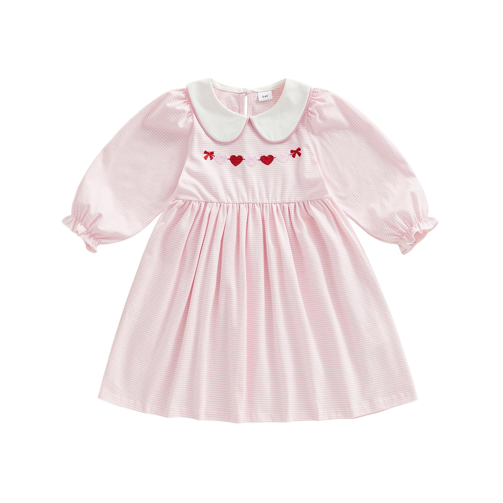 Sasaerucure Kids Toddler Baby Girl Valentines Day Dress Heart Embroidery Striped Puff Long Sleeve Dresses Playwear (Pink, 5-6 Ye