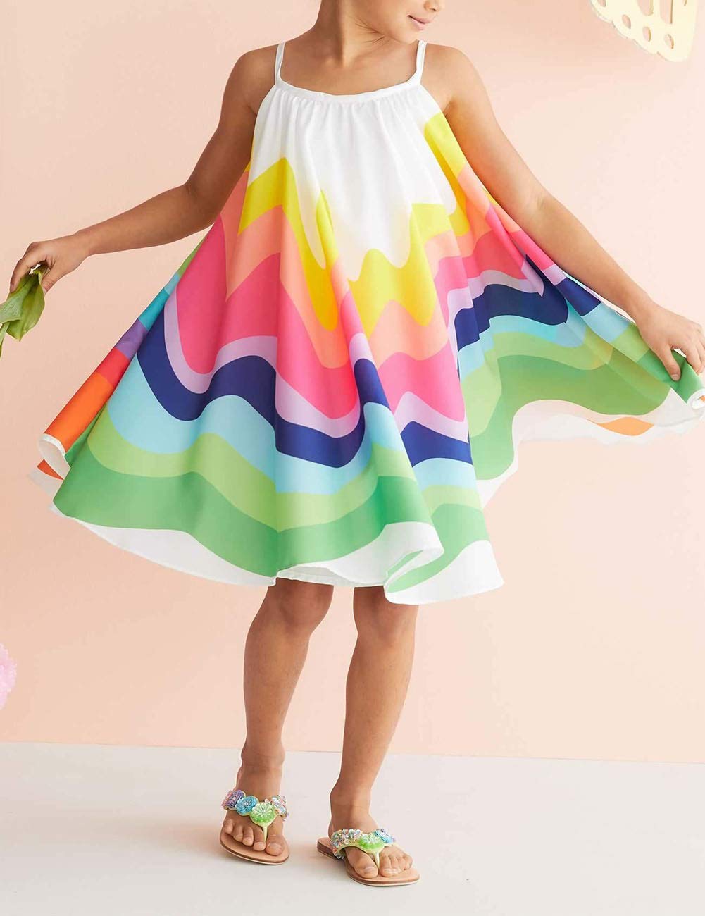 Toddler Baby Girl Summer Boho Rainbow Stripe Spaghetti Strap Beach Sun Dress (Rainbow, 5-6T)