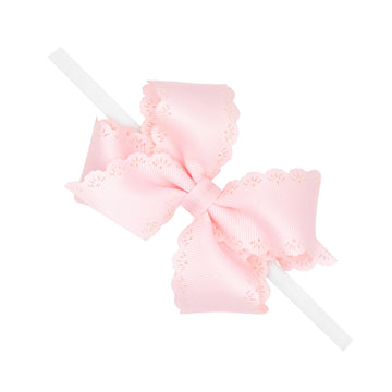 Wee Ones Girls Small Grosgrain Bow with Eyelet Flower Embossed Edge on Skinny White Nylon Band, One Size, Powder Pink