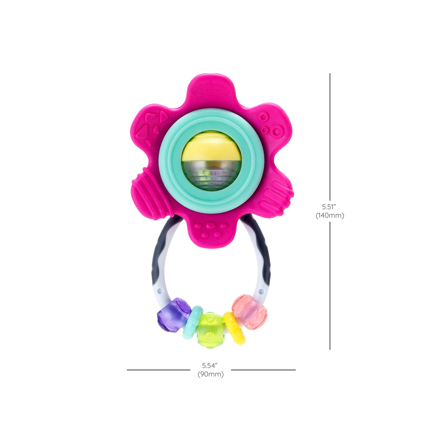 Infantino Spin & Teethe Gummy Pink Flower Rattle - Easy to Grab, Chewy Rings, Multi-Texutre Petals, Roller Ball Center - Teethin