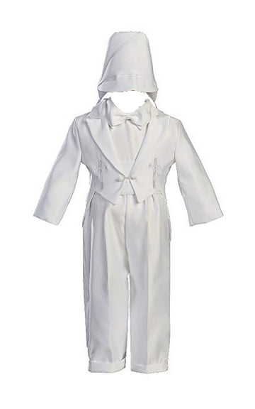 White Round Tail Satin 5 Piece Tuxedo With An Embroidered Cross And Hat - L (9-12 Month)